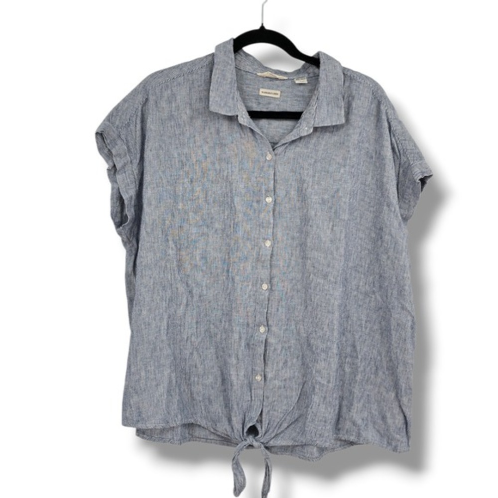 Weatherproof Vintage Womens‎ Blue White Striped Washable Linen Tie Front Shirt